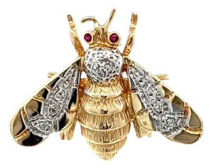 14k Yellow Gold Ruby-Eye Bee Figural Vintage Brooch Pin