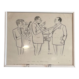 Mid Century French Caricature Art Signed Siss Tino Rossi Claude Vega Original For Sale