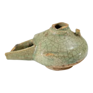 15th Century or Earlier Celadon Green Glazed Crackle Oil Lamp, Middle Eastern or Asian