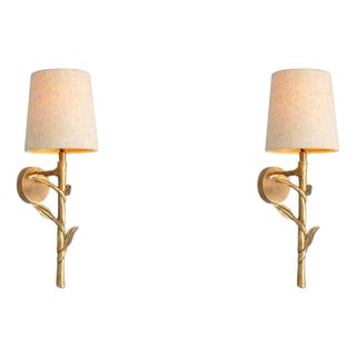 Vintage Brass Linen Wall Lamps, Set of 2 For Sale