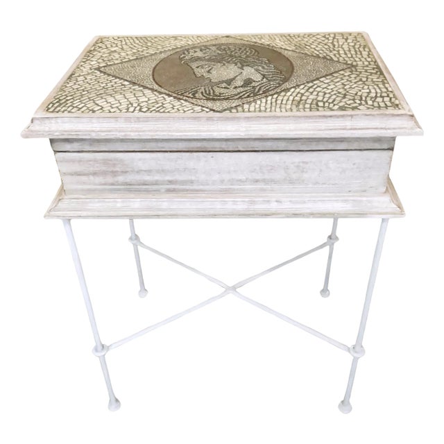 Mid Century Italian Mosaic Polychromed Wood & Wrought Iron Table Box Side Table For Sale
