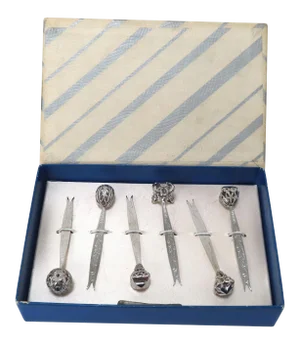 Set of 6 Vintage Mid Century Rhodium Plated Sterling Silver Cocktail - Hors d'Oeuvre - Cocktail Picks.