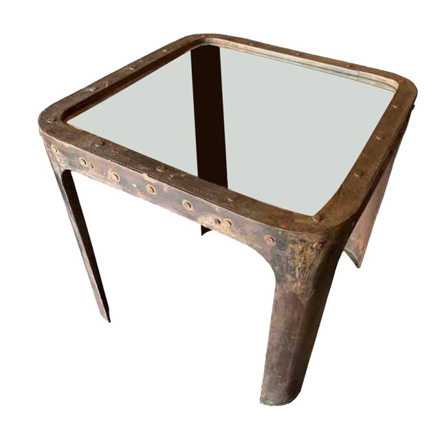 Antique French Industrial Loft Table, Mid 19th Century, Riveted Metal and Glass For Sale