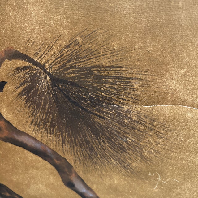 1960s Japanese 4-Panel Byobu Folding Screen Hand-Painted Ducks & Pine Tree Gold Foil Backdrop For Sale - Image 12 of 17
