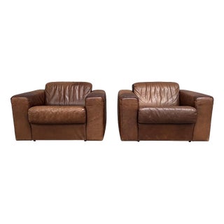 Vintage Brown Leather Lounge Chairs, 1970s, Set of 2 For Sale