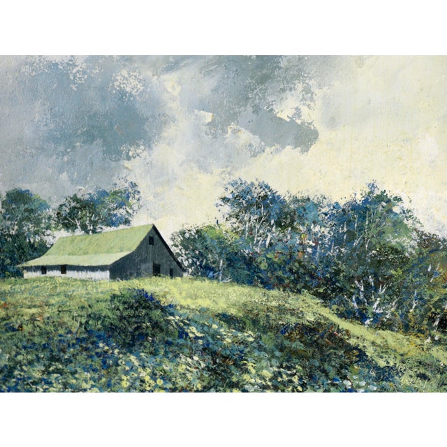 Mid 20th Century "Near Spring" Green Barn Landscape in Oil on Illustration Board by Warner Baird For Sale - Image 5 of 10