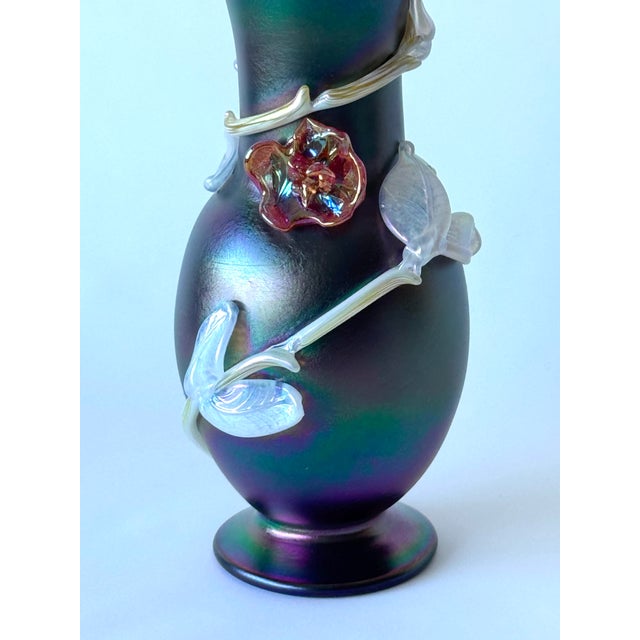 Glass Iridesed Black Glass Vase with Sculpture Glass Flowers by Loetz For Sale - Image 7 of 9