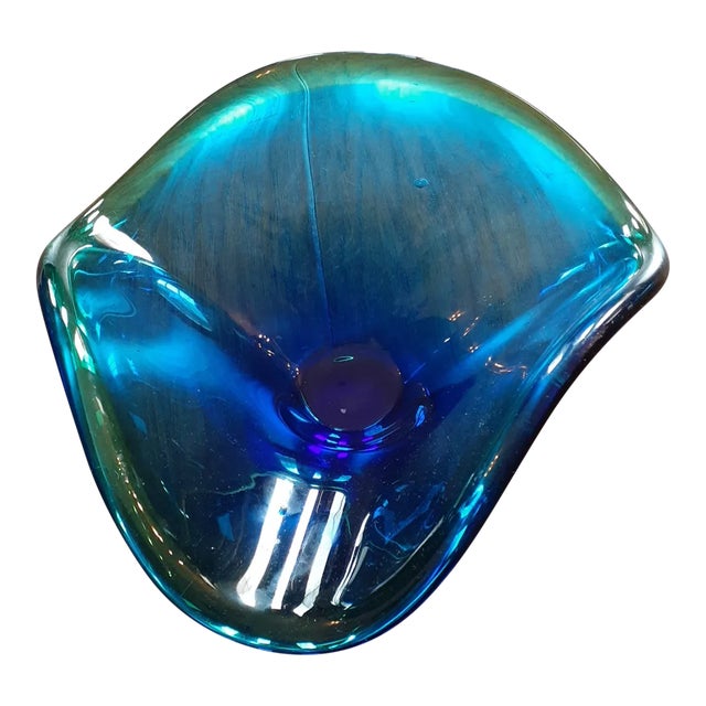 1980s Blue/Green Freeform Art Glass Decorative Bowl For Sale