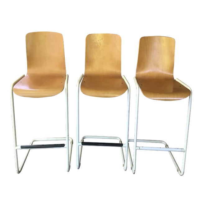 1960s Midcentury Modern Bent Plywood Bar Stools- Set of 3 For Sale