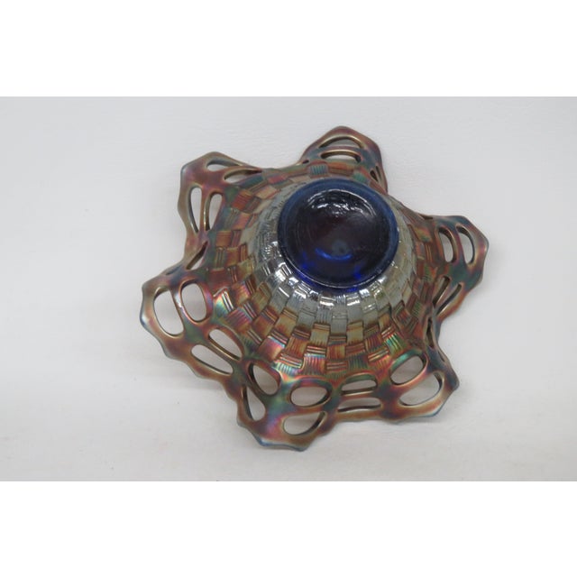 Blue Fenton Carnival Glass Iridescent Basket Weave Lace Edge Candy Dish Bowl 4599b For Sale - Image 8 of 10