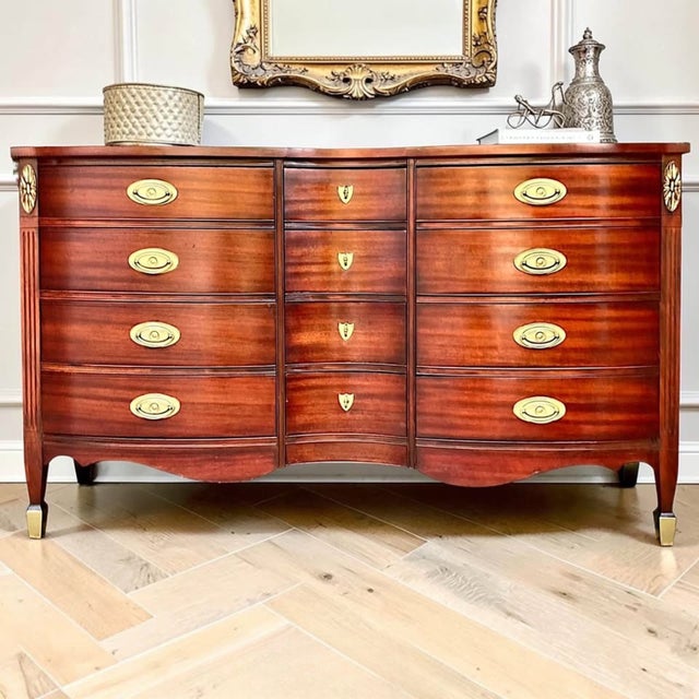 Hepplewhite Vintage Federal Mahogany Serpentine Dresser | Sideboard | Console | 58" Wide For Sale - Image 3 of 11