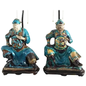Chinese Shiwan Ware Pottery Warrior Lamps - a Pair
