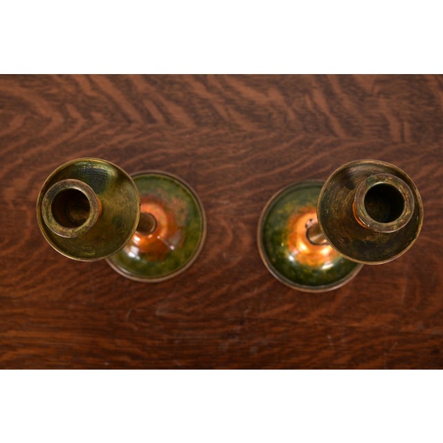 Early 20th Century Louis Comfort Tiffany Furnaces Favrile Bronze and Enamel Candlesticks, Pair For Sale - Image 5 of 12