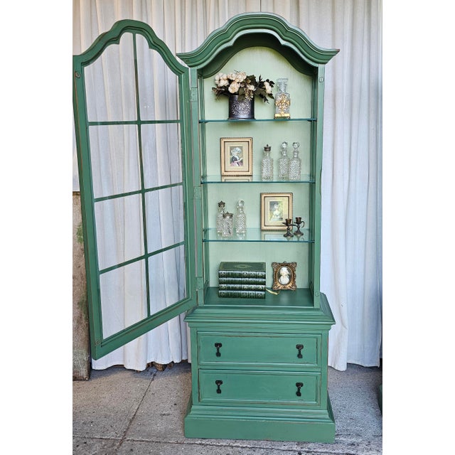 Gorgeous BRANDT petite Vitrine Cabinet, Curio Cabinet/ Display Cabinet. Green Boho Style. Features a classic bonnet/ Domed...