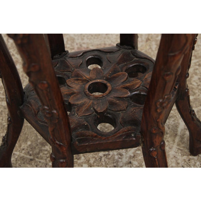 Chinese Antique Hexagonal Carved Plant Stand With Inlaid Marble Top For Sale - Image 9 of 13