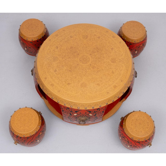 Oriental Drum Table with Small Stools 1960s, Set of 5 For Sale - Image 4 of 18