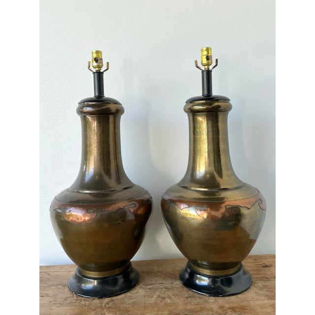 Vintage Boho Monumental Brass and Copper Lamps - A Pair For Sale - Image 10 of 10