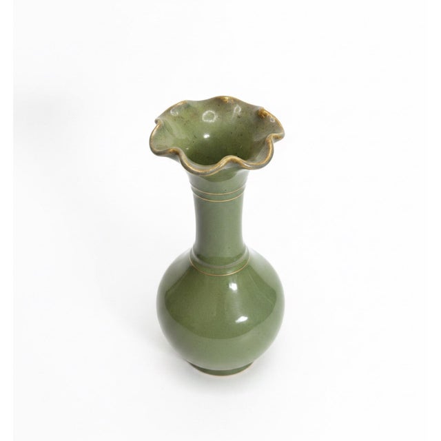 Matthew Nance Seagrove Nc Studio Pottery Green Ruffled Rim Vase For Sale - Image 4 of 5