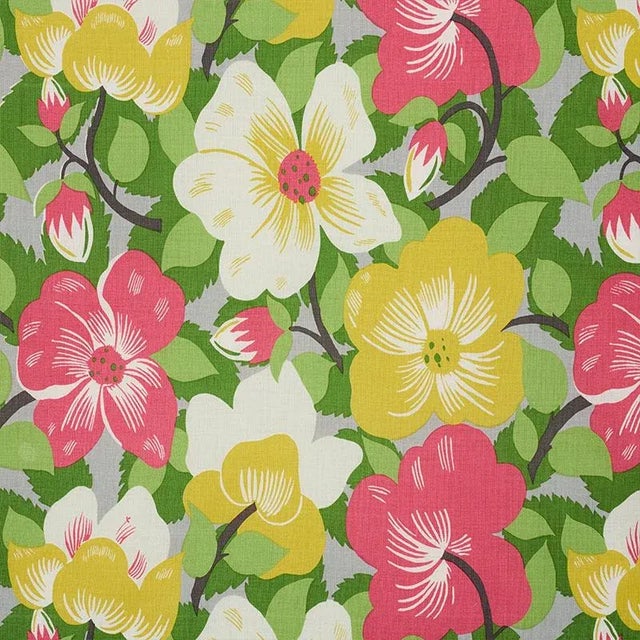 Schumacher X Paul Poiret Magnolias Fabric in Poppy & Yellow For Sale