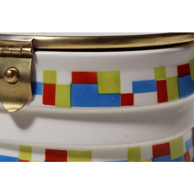 German Art Deco Ceramic and Brass Biscuit Tin With Geometric Motif For Sale - Image 16 of 18