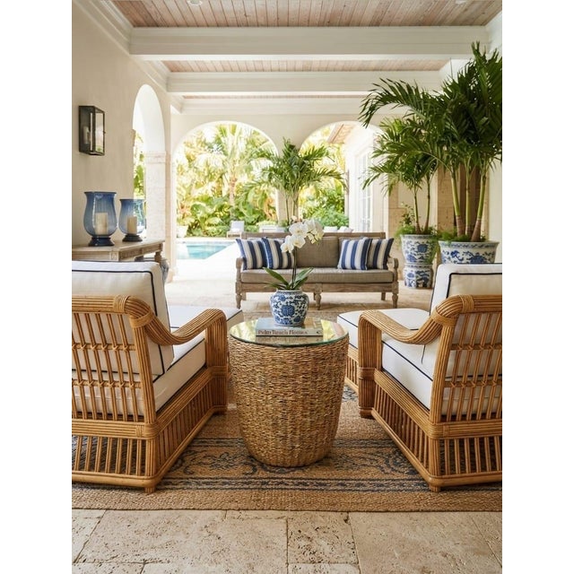 Glass Handcrafted Woven Seagrass Drum Side Table With Glass Top For Sale - Image 7 of 12