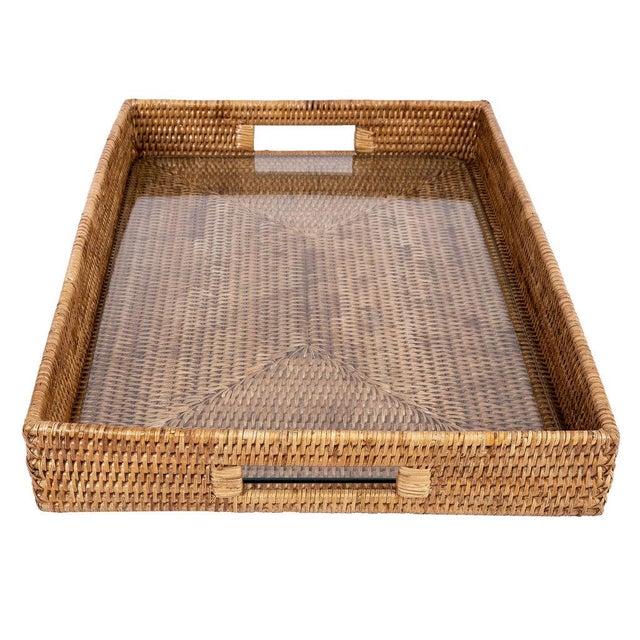 2020s Artifacts Rattan Rectangular Serving Tray with Cutout Handles, Honey Brown with Glass Insert, 20"X13" For Sale - Image 5 of 10