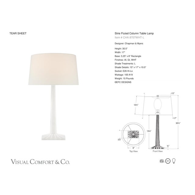 Chapman & Myers by Visual Comfort Signature Strie Fluted Column Table Lamp in Plaster White with Linen Shade Designer:...