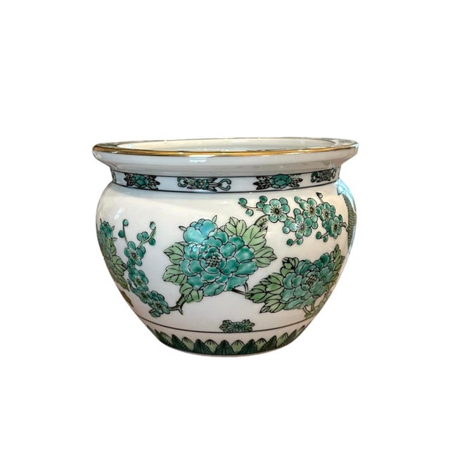 Vintage Hand Painted Gold Imari Green and White Cachepot / Cache Pot / Jardinere/ Fishbowl Planter With Peacock Motif For Sale - Image 4 of 8