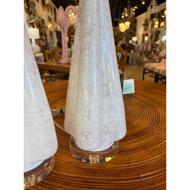 Hollywood Regency Vintage Murano Style Glass Fluted Scalloped Table Lamps Metallic Veins Newly Wired - a Pair For Sale - Image 3 of 12