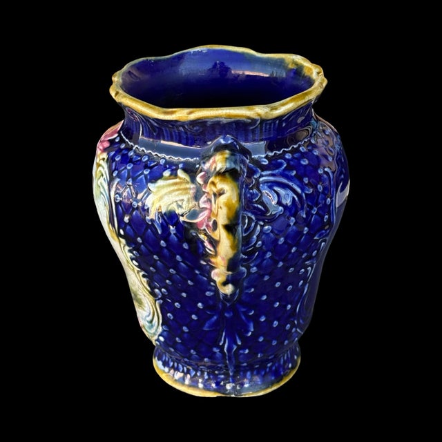 Antique Victorian Majolica Cobalt Blue Vase W/ Courting Couple Scene For Sale - Image 9 of 10