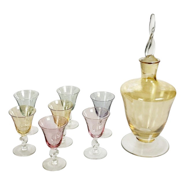 20th Century Italian Multicolored Art Glass Carafe and Glasses, Italy, Set of 8 For Sale