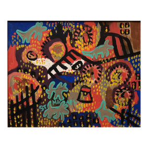 Street Art Outsider Art Painting Abstract Cityscape with Dogs