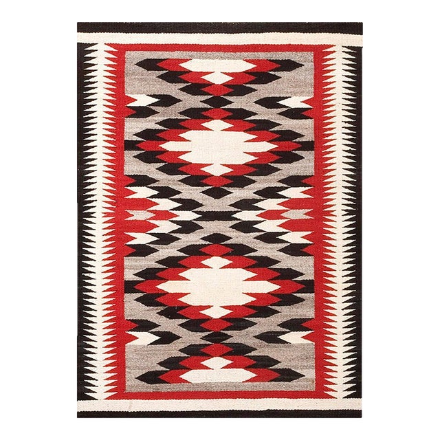 1930s Gray Medallion Antique American Navajo Rug 2' 10"x 4' Flatweave Wool Carpet For Sale