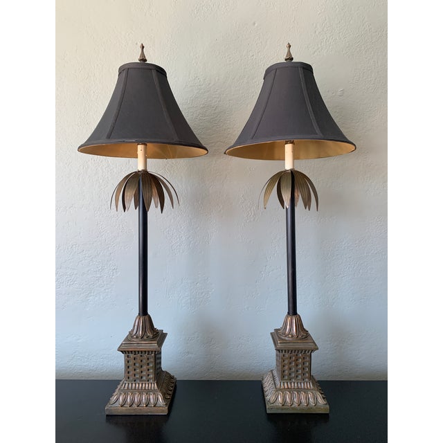 Late 20th Century Large Palm Buffet Lamps With Brass Accents and Black Shades, Pair For Sale - Image 13 of 13