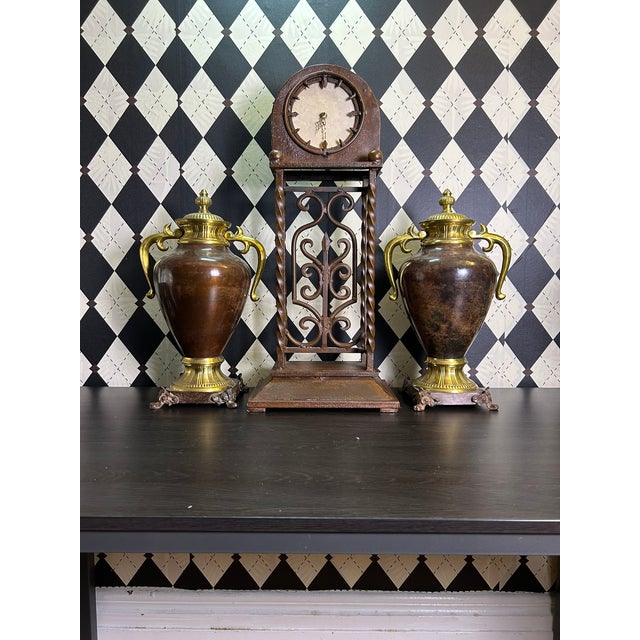 1970s Grand Old World Ironwork Table Clock With Architectural Scrollwork, 25" For Sale - Image 15 of 18
