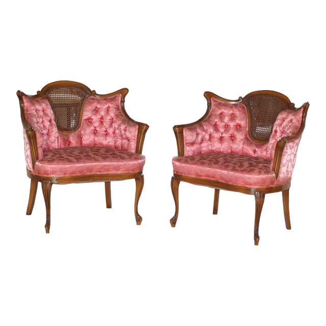1950s Louis XV Style Tufted Buttoned-Down French Regency Pink & Gold Armchairs Chairs- Set of 2 For Sale