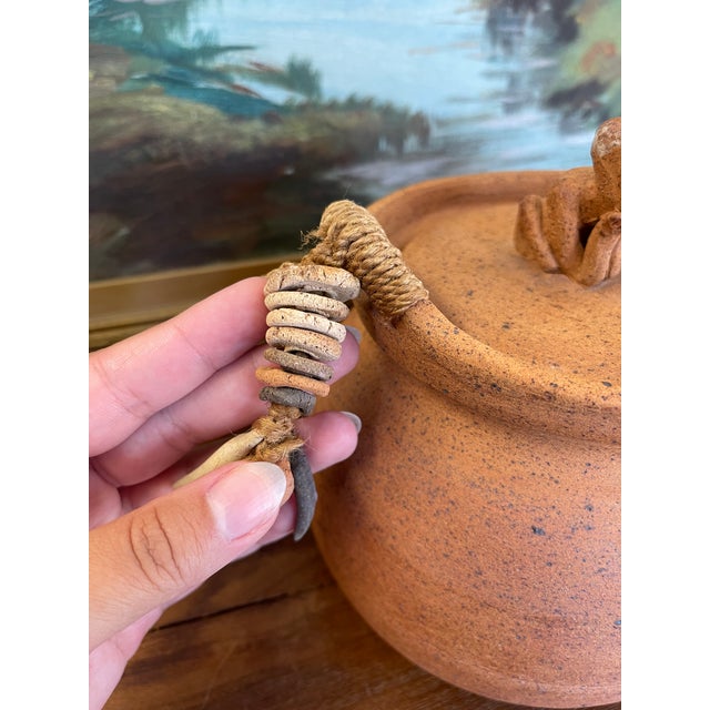 Textile 1970s Handmade Indonesian Terracotta Lidded Jar With Beaded Raffia Accents and Seated Figure Finial For Sale - Image 7 of 9