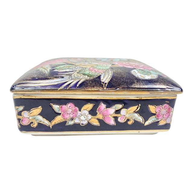 Vintage Floral Chinoiserie Ceramic Box For Sale