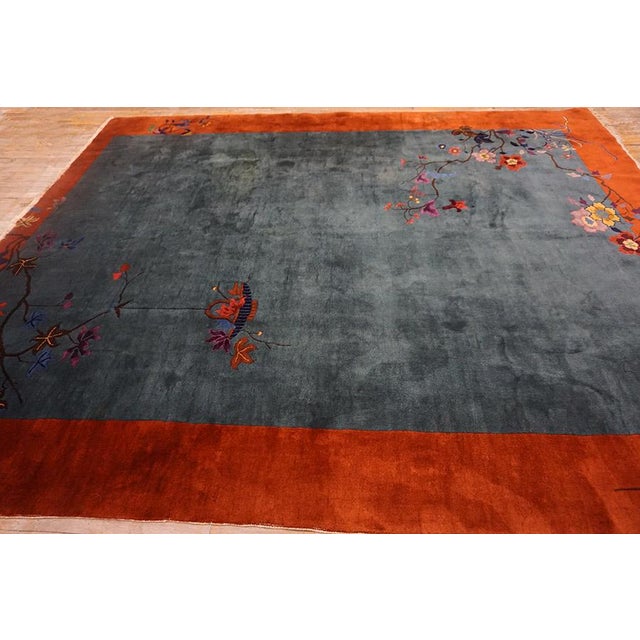 Contemporary Exceptional Army Green Color Ground With Bits of Chinese Ornament Floral Design Antique Chinese Art Deco Rug For Sale - Image 3 of 15