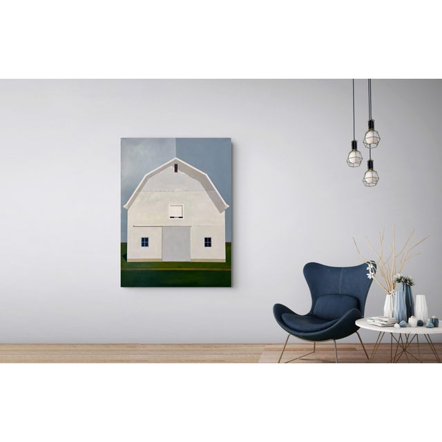 North of Eden by Justin Wheatley | Acrylic on Canvas White Barn With Green Field For Sale - Image 9 of 11