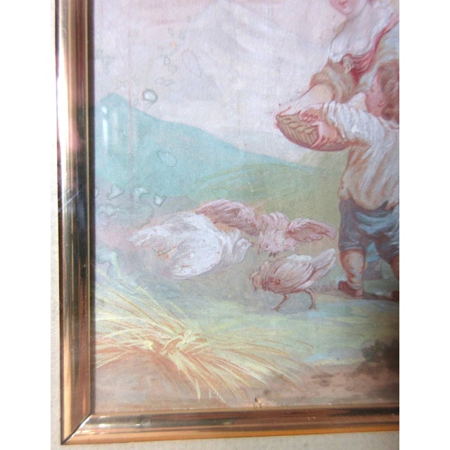 Antique Original 1869 Feeding Child Feeding Chicken Gouache Watercolor Painting For Sale - Image 4 of 11