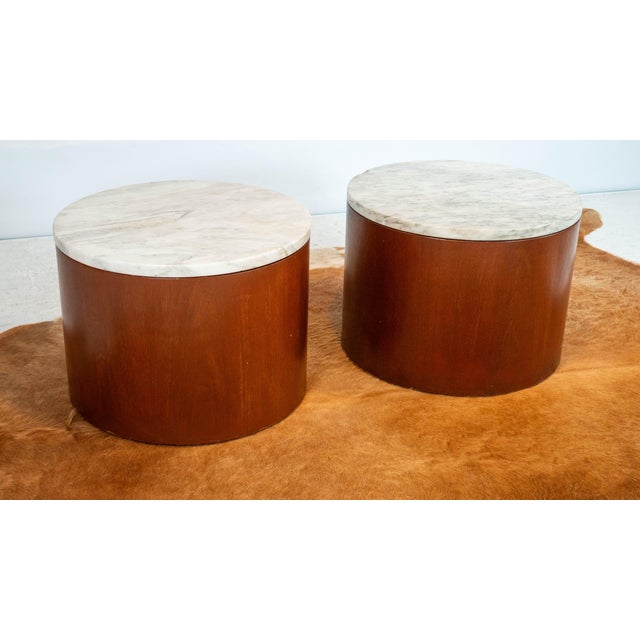 Designed by Paul Mayen with Architectural Supplements for Habitat International, pair of wooden and marble drum side...
