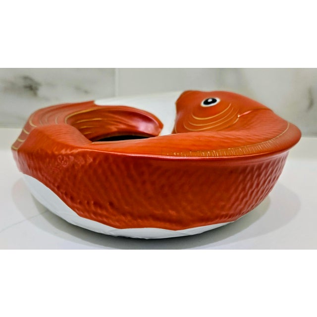 Orange Vintage Neiman Marcus Japanese Porcelain Koi Fish Bowl Centerpiece For Sale - Image 8 of 9