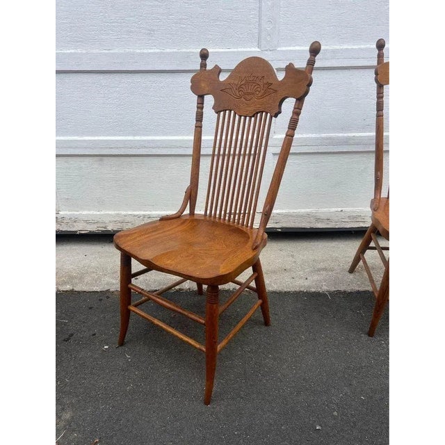 Set of Five Antique Tiger Oak Spindle Pressed Back Dining Chairs. Well made, sturdy and comfortable 5 side chairs...