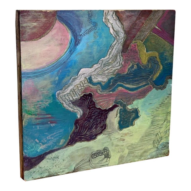 Vintage Artist Print Block - Depicting Abstract Landscape in Purple and Blue For Sale