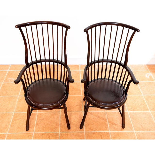 Antique Arts and Crafts Beech and Leather Liberty Windsor Chairs, 1900s, Set of 2 For Sale - Image 12 of 18