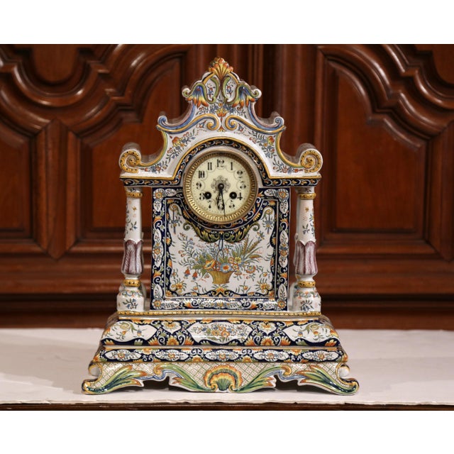 19th Century French HandPainted Ceramic Mantel Clock From Rouen Chairish