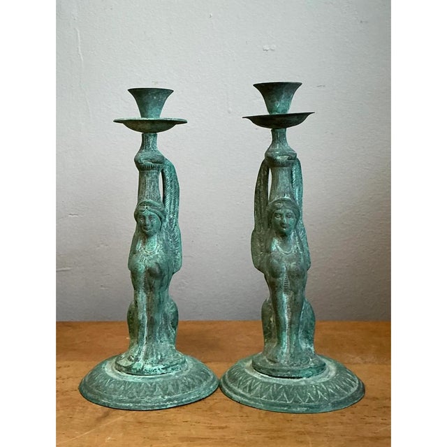 Vintage Patinated Metal Winged Sphinx Candelabras - Pair For Sale - Image 9 of 12