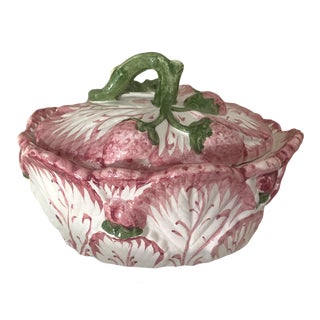 Vintage Neuwirth of Portugal Faience Majolica Pink and Green Cabbage Ware Covered Bowl, Box, Tureen With Strawberry Motif For Sale