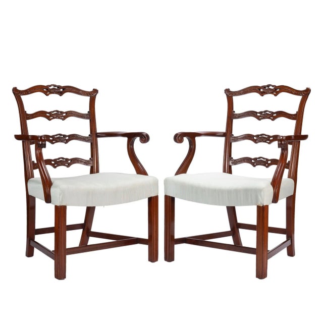 Chippendale Pair of Chippendale Style Ladder Back Arm Chairs, 1930-40 For Sale - Image 3 of 12